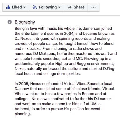 A story on DJ Nexus's Facebook Business Page