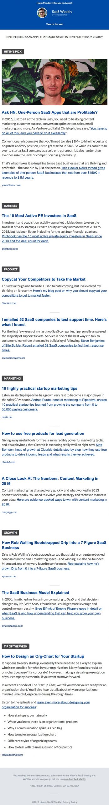 Email newsletter example design with articles by SaaS Weekly
