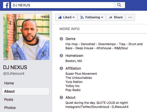 DJ Nexus's professional bio on Facebook