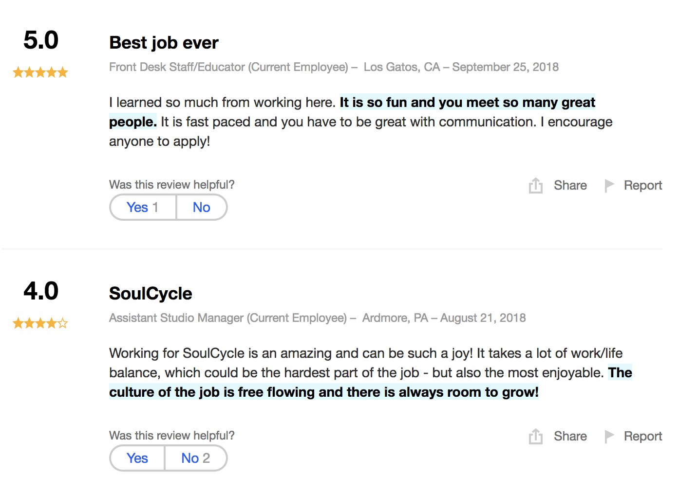 SoulCycle testimonials showing happy employees who enjoy the brand