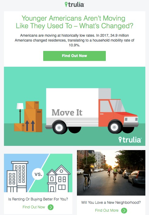 Email marketing campaign example by Trulia reporting on moving trends
