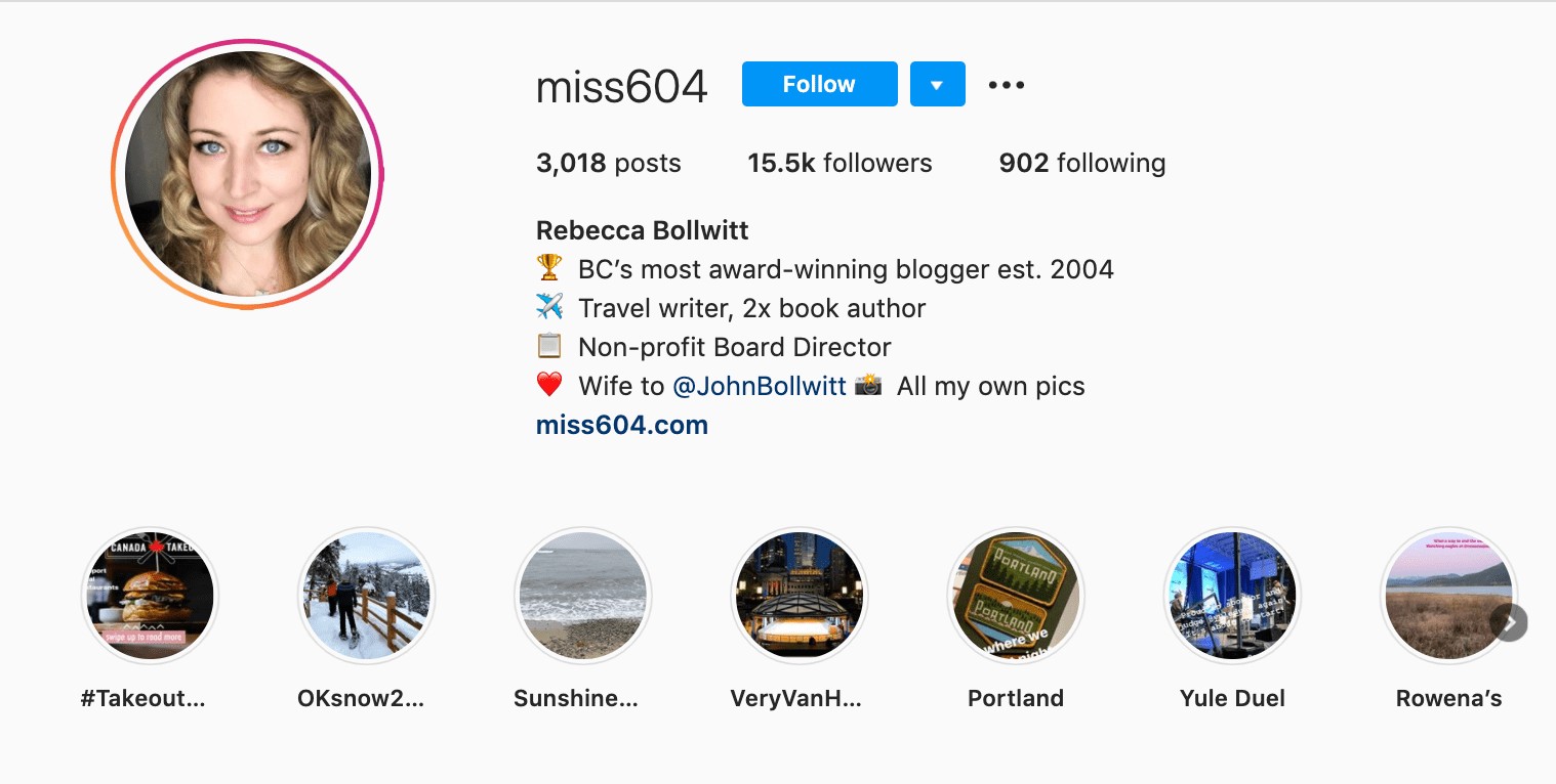 miss604 professional bio on Instagram