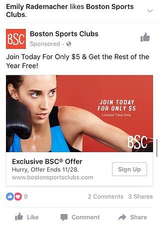 Boston Sports Clubs Facebook Offer Ad