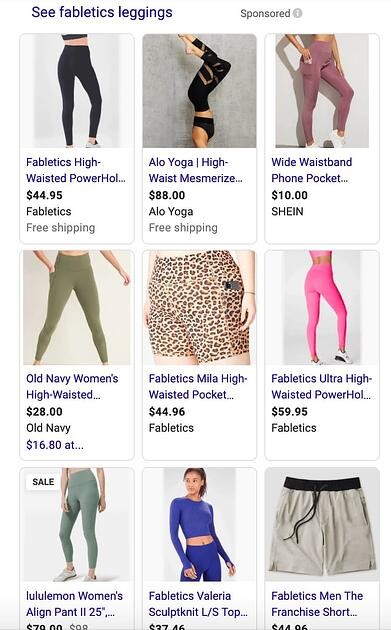 Google shopping campaign ads for Fabletics leggings.