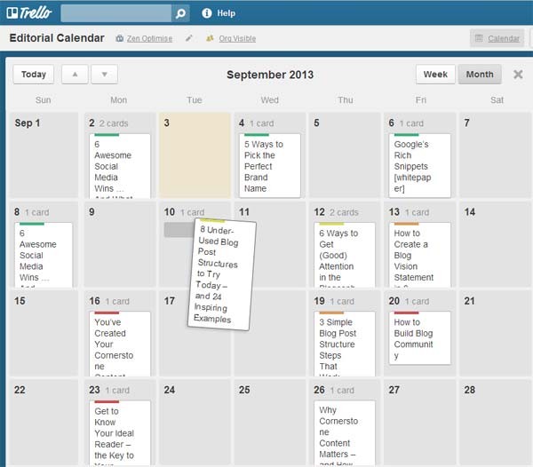 Social media calendar ideas organized on a Trello calendar