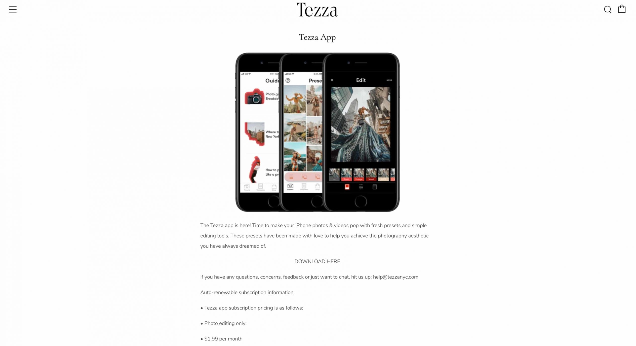 Tezza App - Screenshot of Website