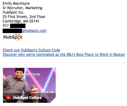 Professional email signature example by Emily MacIntyre with the HubSpot Culture video thumbnail in it