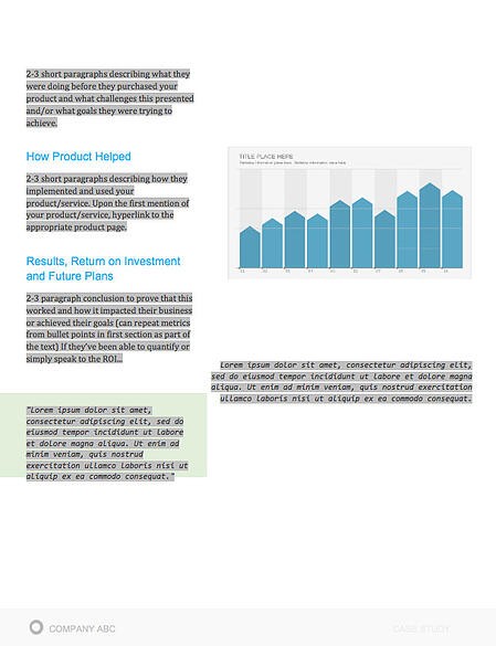 example of a case study template in Microsoft Word with graphs and sections for "how product helped" and "results"