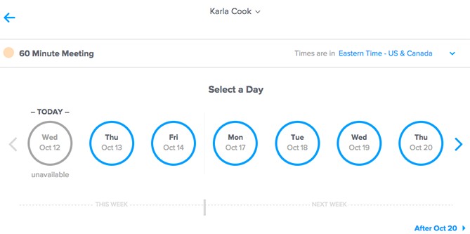 calendly time and day selection screen