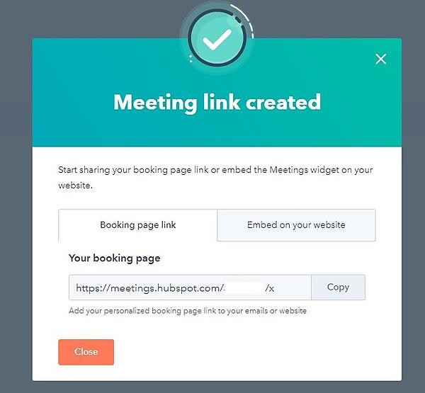 screenshot of meeting link created in hubspot