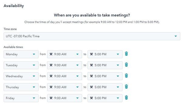 screenshot of designating meeting availability in hubspot