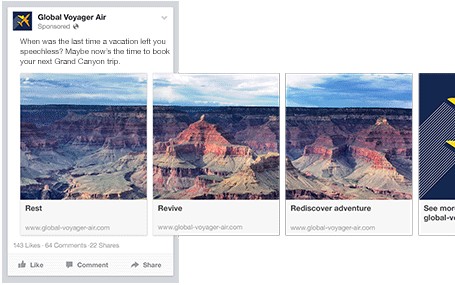 Example of a Facebook Carousel Ad with images of Grand Canyon
