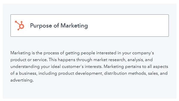 example of a what blog post with the title of a concept "purpose of marketing" along with an explanation of that concept underneath