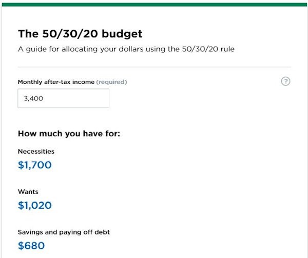 tool example from nerdwallet that reads "the 50/30/20 budget" and is a budget calculator
