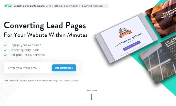 involve.me website that reads "converting lead pages for your website within minutes"