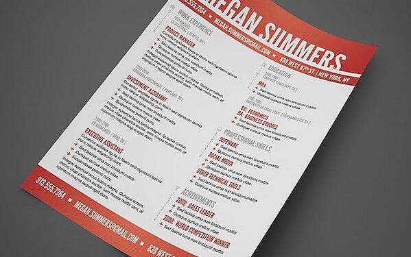 Creative resume template with large, red header