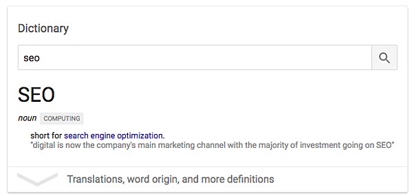 example of a rich answer featured snippet displaying the dictionary definition for 'seo'