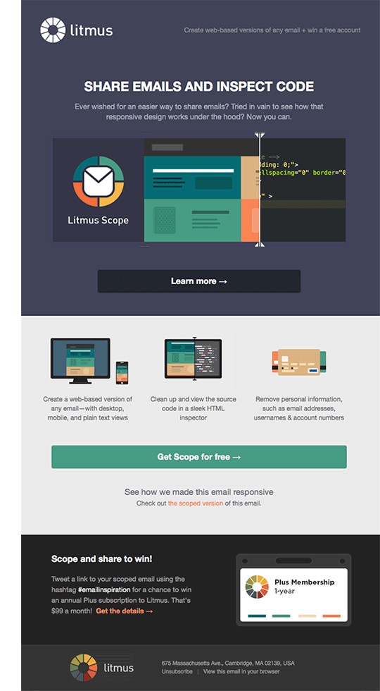 litmus email with animation that reveals code behind an image underneath a headline that reads "share emails and inspect code - ever wished for an easier way to share emails? Tried in vain to see how that responsive design works under the hood? now you can"