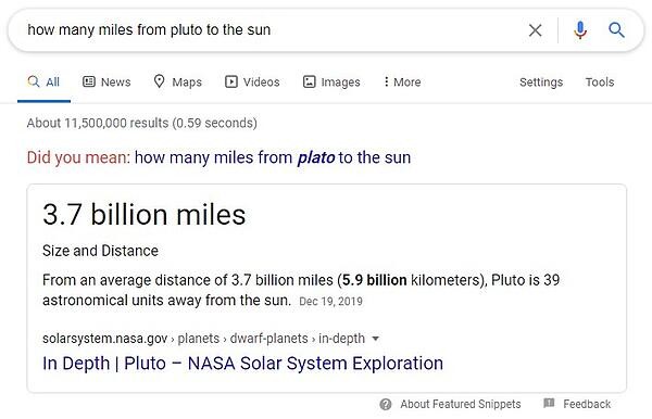 example of a rich snippet answer box for the query 'how many miles from pluto to the sun' and displaying a short bold answer of '3.7 billion miles'