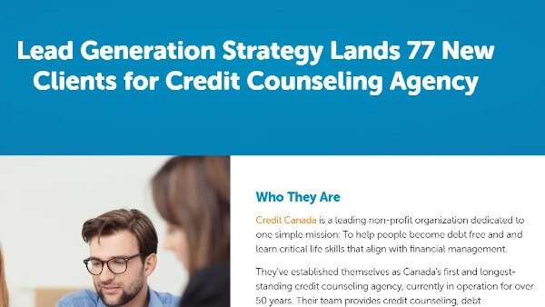 case study example from bluleadz that reads "lead generation strategy lands 77 new clients for credit counseling agency"