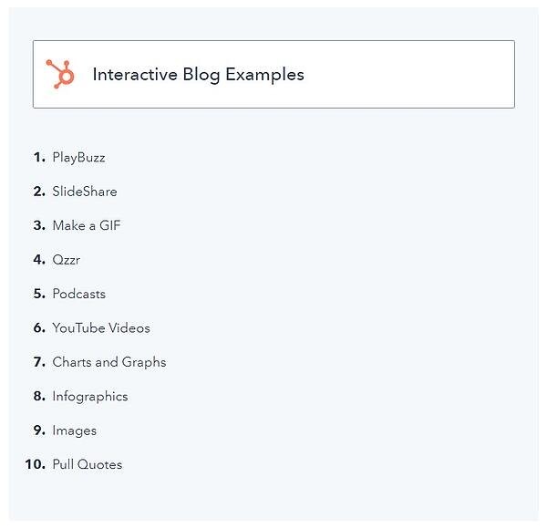 example of a listicle blog post with the title of the list "interactive blog post examples" and list items beneath it