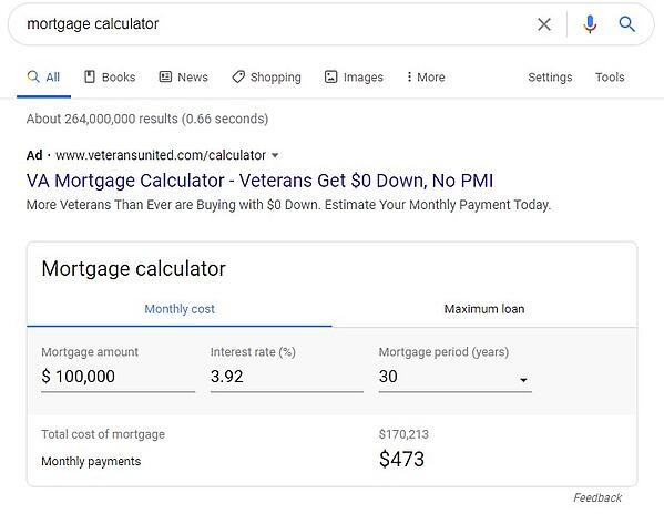 featured snippet that shows an interactive mortgage calculator tool where the user can input their own values and receive a custom output directly on the serp