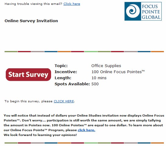 focus pointe copywriting and cta email that includes section for topic, incentive, length, and spots available along with a cta email that reads "start survey"