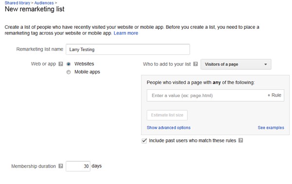 new remarketing list interface within google ads
