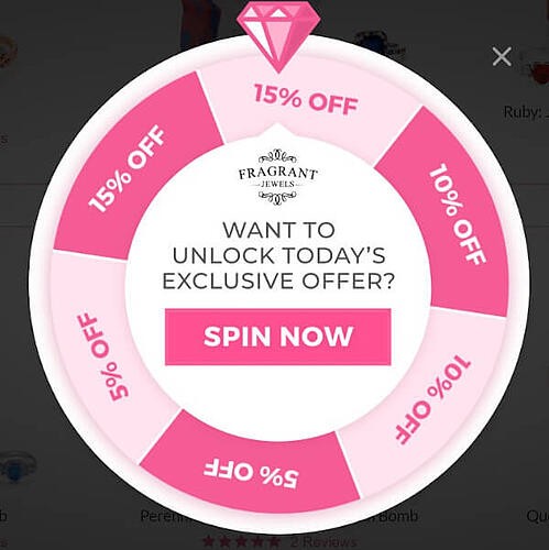 coupon example from fragrant jewels in a "spin-to-win" style popup format