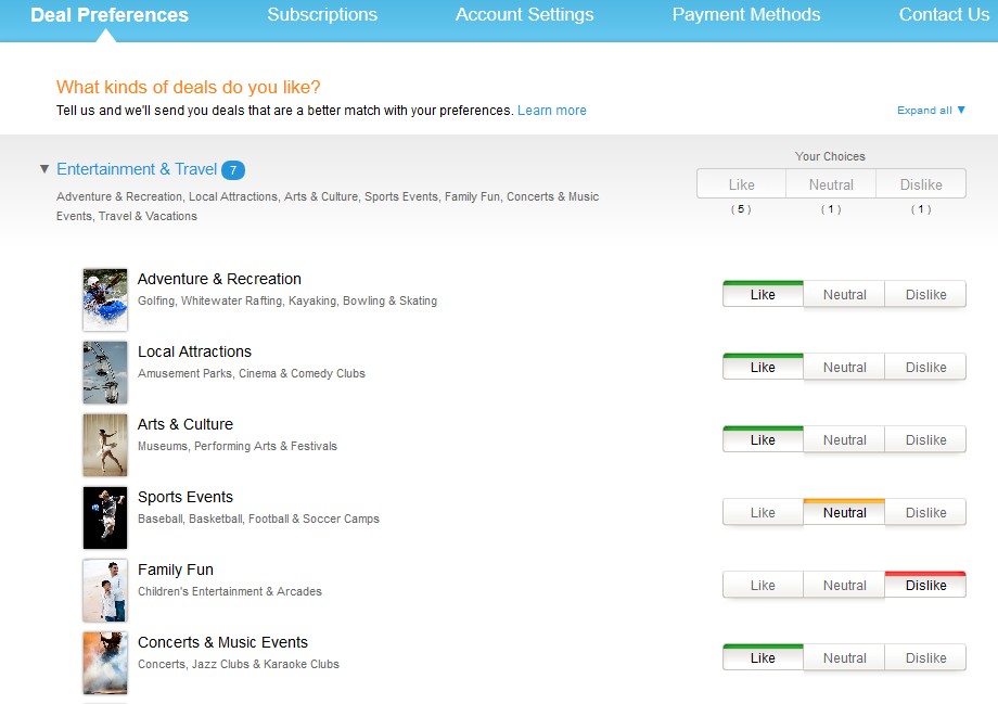 amazon local deal preferences that reads "what kinds of deals do you like" along with a list of options that you can rate like, neutral, or dislike