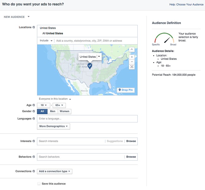 Audience creation page in the Facebook Ad Manager