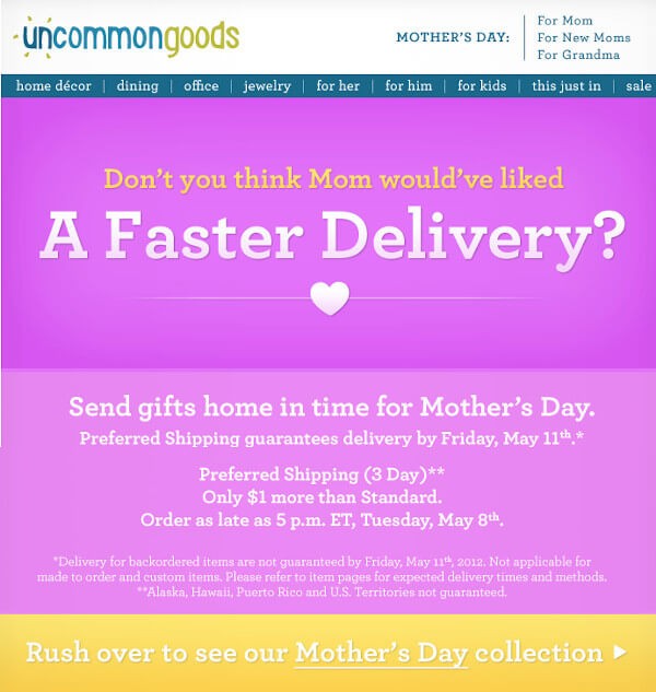 uncommon goods email that reads "don't you think mom would've liked a faster delivery?" along with shipping promotion that reads "send gifts home in time for mother's day"