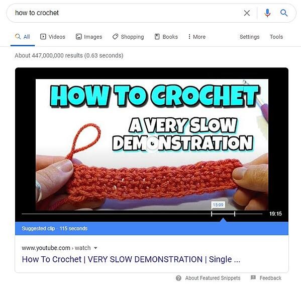 example of featured video snippet for the query 'how to crochet'