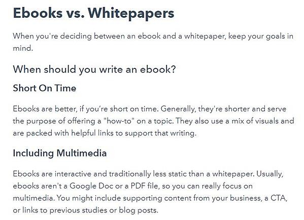 example of a comparison blog post that shows the difference between ebooks vs whitepapers and when each would be appropriate to use