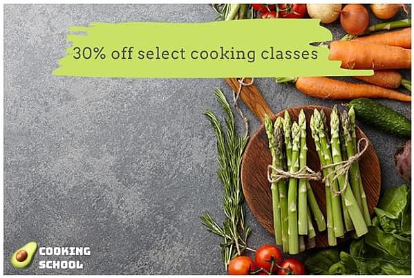 Facebook ad from "Cooking School" with minimal text overlay.