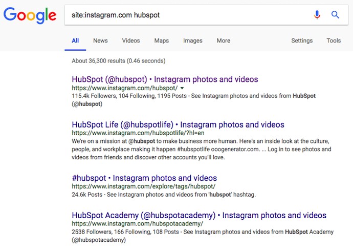 Google site search for HubSpot, allowing you to search Instagram users without an account