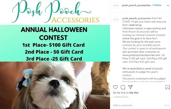 user-generated content contest by posh pooch accessories: "Halloween season is approaching and posh pooch accessories will be hosting our annual costume contest. We are looking for the best worn costume by your loveable pooch"