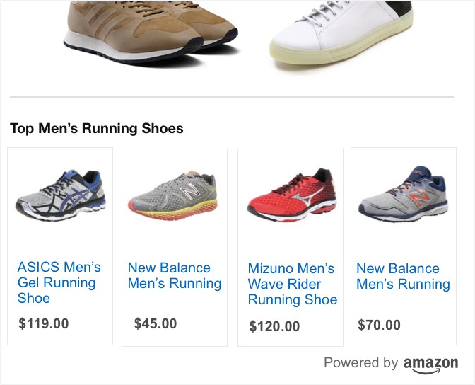 Custom ads on Amazon feature men's running shoes.