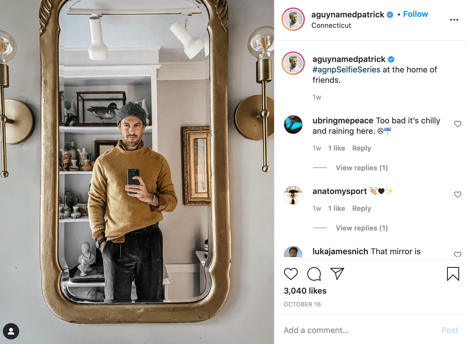 @aguynamedpatrick instagram picture of himself in mirror holding a phone taking a picture of himself
