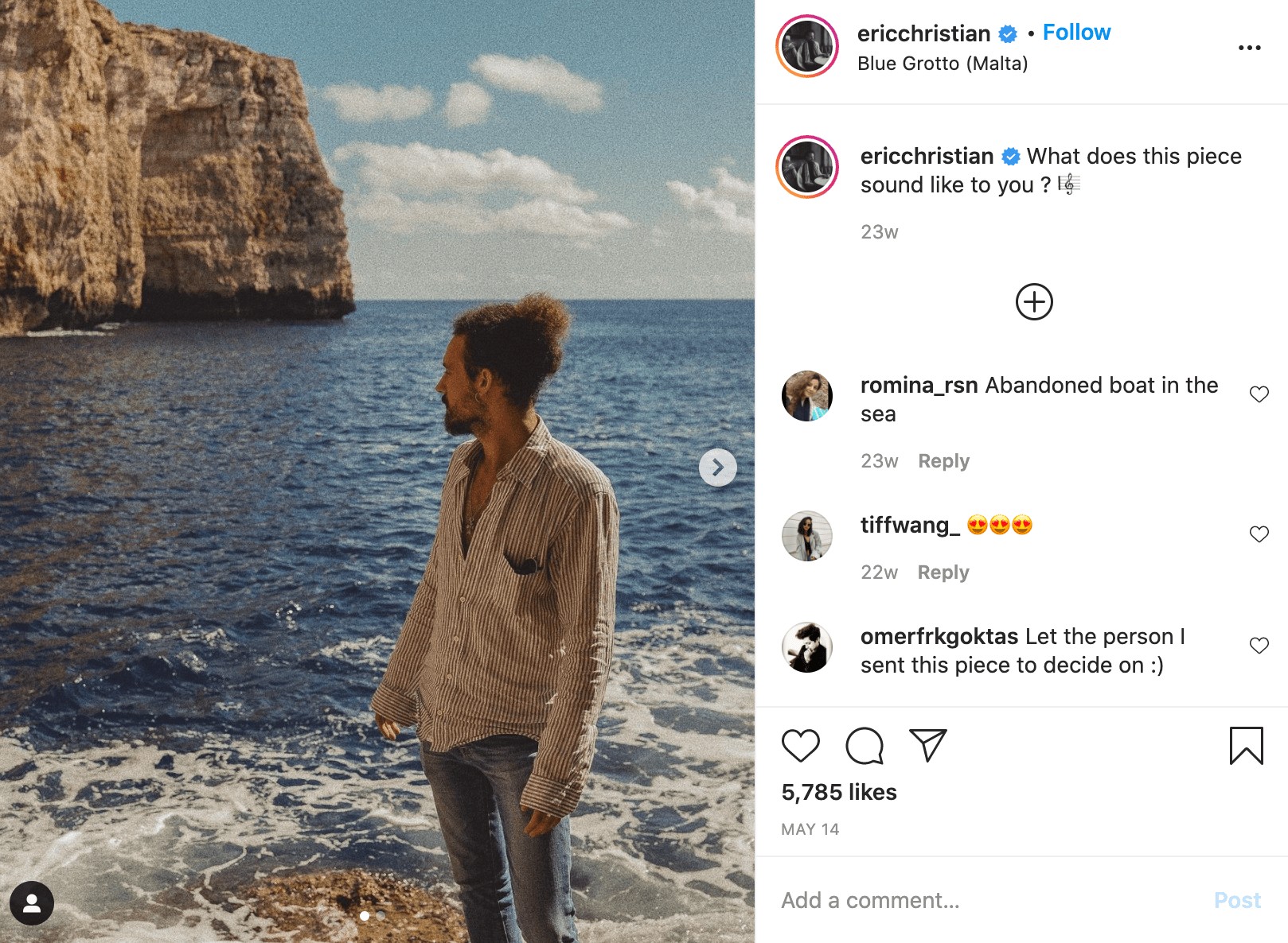 eric christian in front of an ocean on instagram