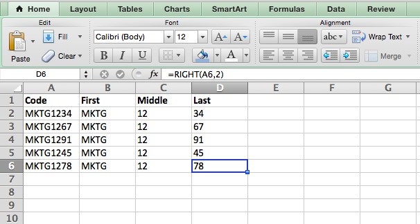RIGHT formula in EXCEL