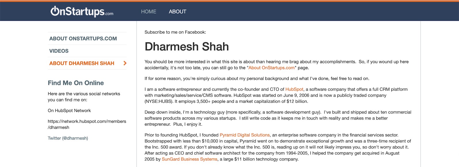 dharmesh's onstartups bio