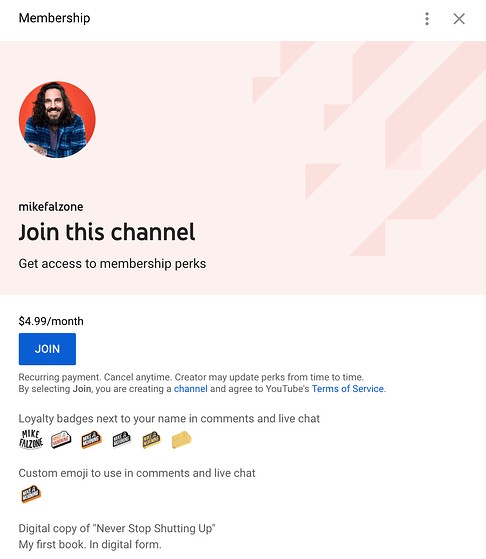 mike falzone's membership page on youtube