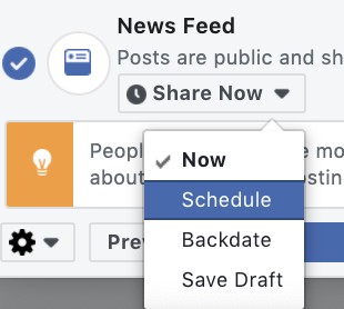 toggle to schedule in news feed drop down