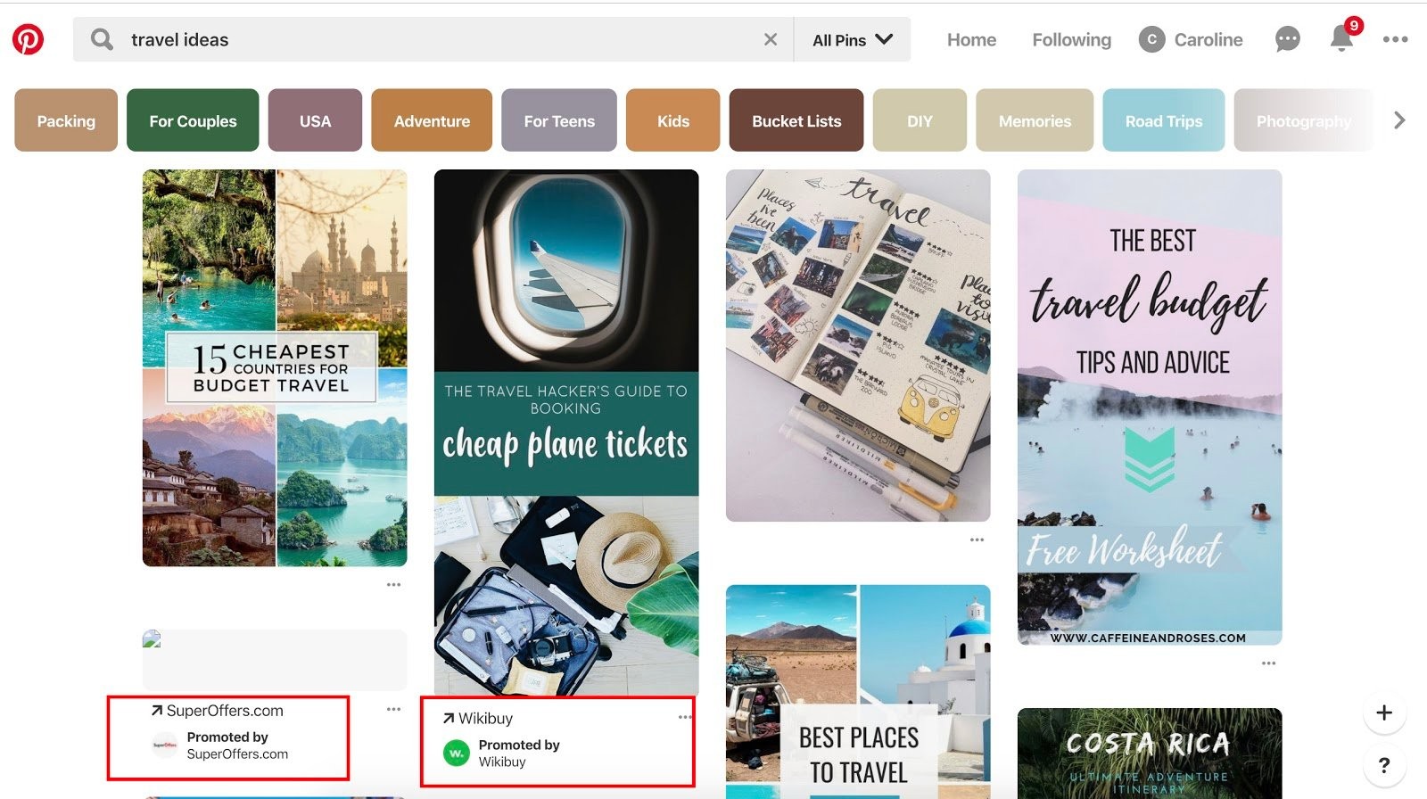 pinterest feed for "travel ideas"