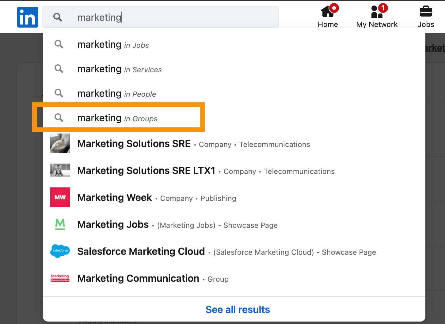 how to find a marketing group on linkedin search bar