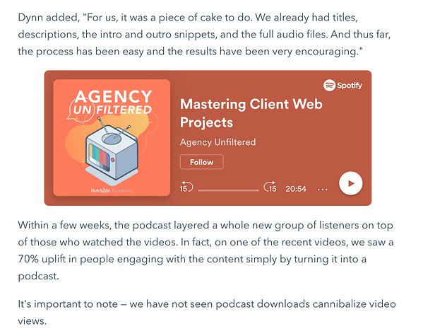 repurpose podcasts by embedding into blog posts example
