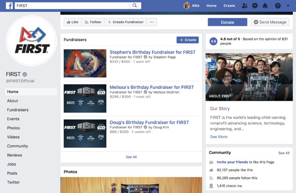 FIRST's nonprofit Facebook page with Donate button