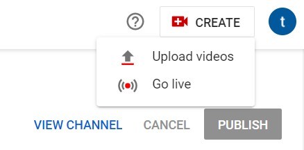youtube upload videos by clicking "Create" button