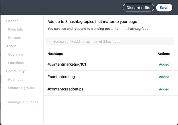 Example of three hashtags LinkedIn users can put on their business page